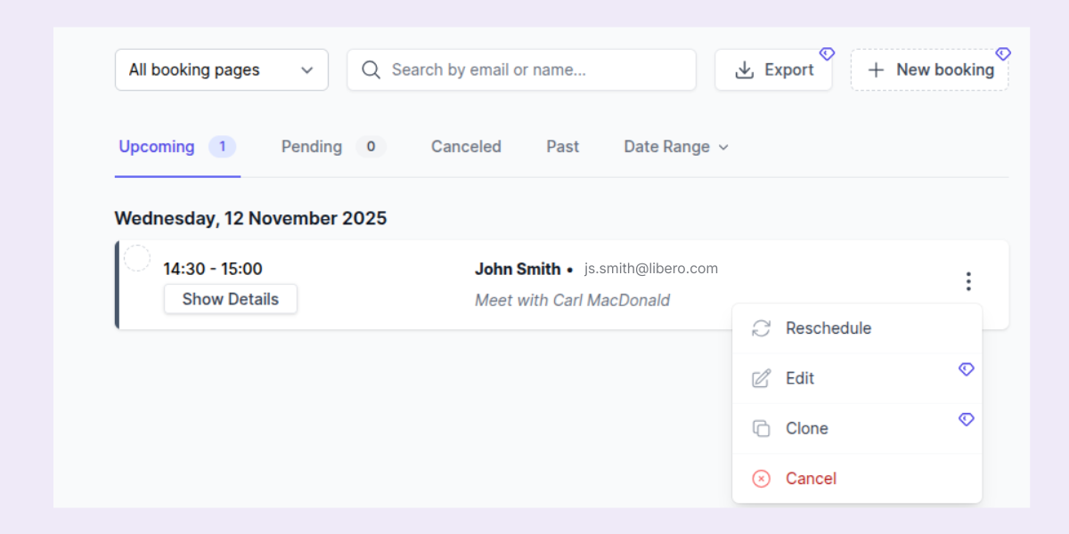 Screenshot of Koalendar reschedule appointment feature in dashboard